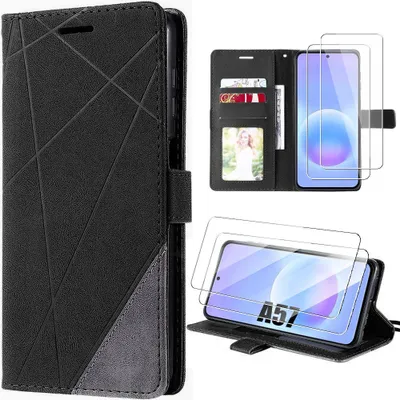 Image de Coque + 2 Verres Trempés pour Samsung Galaxy A57 5G, Protection Anti-Rayures Synthécuir - Noir Gris