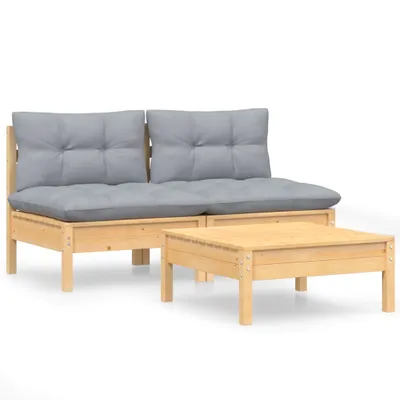 Produktbild von 3-tlg. Garten-Lounge-Set mit Grauen Kissen Kiefernholz