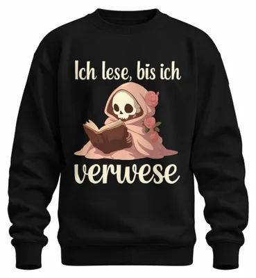 Productafbeelding van Ik lees tot ik verdwaal. Boekenwurm, leeshobbyist, skelet, Halloween, uni sweatshirt, zwart, maat L