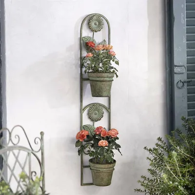 Produktbild von Wandpflanzer "Blumen" aus Metall, grün, mit 2 Blumentöpfen, Wandblumentopf