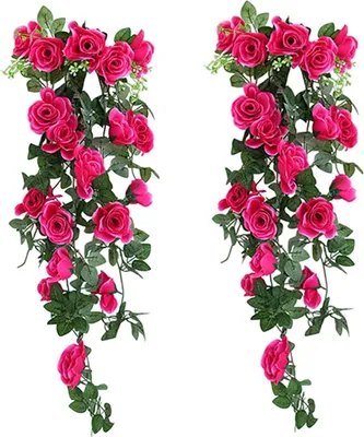 Produktbild von Künstliche Hängende Blumen für Draußen, 2 Packungen Rosen Hängende Pflanze & Blumen für Draußen Haus Hochzeit Garten Hof Hängekörbe Wisteria Girlande Orchidee Bündel Nachbildungation (Magenta)