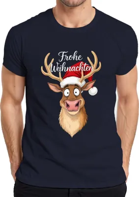 Produktbild von Frohe Weihnachten Lustiges Rentier Weihnachtsmütze Cartoon Humor Herren T-Shirt, Navy, M