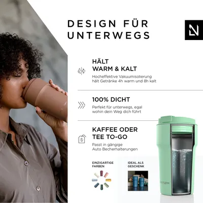 Immagine prodotto di LARS NYSØM Thermo Coffee Mug-to-go 500ml | Tazza da viaggio senza BPA da 0,5 litri con isolamento | Tazza termica a prova di perdite per il caffè in viaggio 500ml Menta