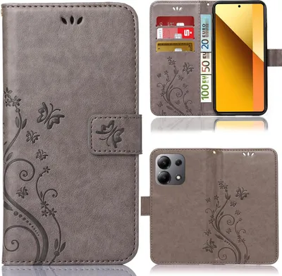 Produktbild von Handy Tasche für Xiaomi Redmi Note 13 Pro Schutz Hülle Handyhülle mit Blumenmuster Klapp Hülle mit Standfunktion und Kartenfächer Grau