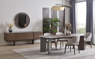 Produktbild von Große Esszimmer Garnitur Designer Esstisch 4x Stühle Sideboard Spiegel
