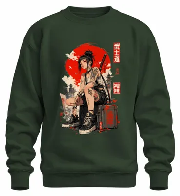 Imagen del producto de Sudadera con cuello redondo, estilo "bushido", con estampado de katana, diseño inspirado en la cultura japonesa y la estética Y2K de Harajuku, ideal para otakus. Color verde botella, talla XL