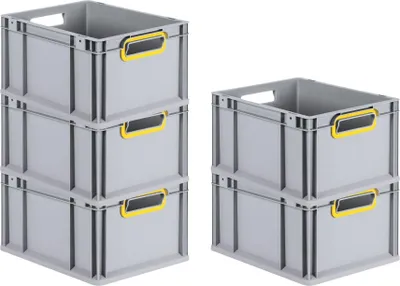 Produktbild von SparSet 5x Eurobox NextGen Color | HxBxT 22x30x40cm | 20 Liter | Griffe gelb offen | Glatter Boden | Grau | Eurobehälter, Transportbox, Transportbehälter, Stapelbehälter