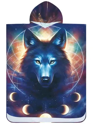 Produktbild von Badeponcho Bademantel mit Wolf Muster Damen Herren 145x80 cm Badetuch mit Kapuze Surf Poncho Mikrofaser Kuschelig Schnelltrocken