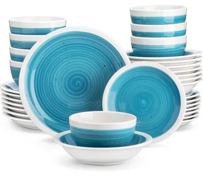 Immagine prodotto di Set di stoviglie in Vetroceramica, 32 pezzi, forma rotonda, colore blu: 8 piatti piani, 8 piatti da dessert, 8 ciotole per cereali, 8 ciotole per pasta