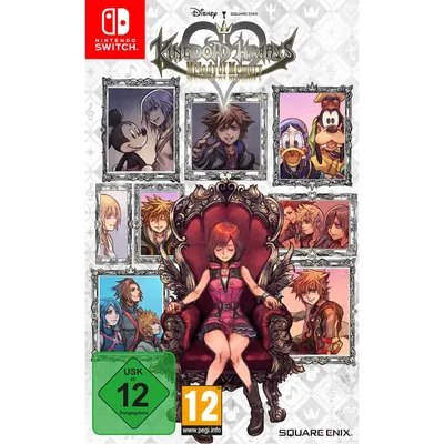 Collage of characters and logos for the game Kingdom Hearts Melody of Memory on Nintendo Switch.