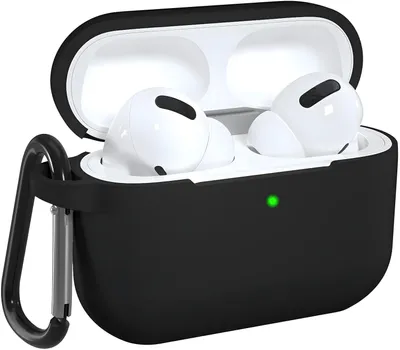 A black silicone case for Apple AirPods (3rd generation) with the AirPods inside.