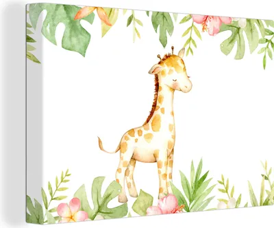 Zdjęcie produktu dla OneMillionCanvasses® - Obraz na płótnie - 140x90 cm, Żyrafa - Dżungla - Kwiaty - Akwarela, Dekoracja ścienna z nadrukiem