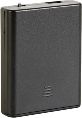 A black battery holder is shown from a slightly angled front view against a light gray background.