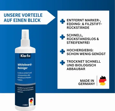 Produktbild von Whiteboard-Reiniger für Flipcharts, Magnettafeln, Planungstafeln & Whiteboards | Entfernt Marker- & Stift-Rückstände rückstandslos | Schnelltrocknend | Germany (1x 250ml)