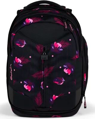 A black backpack with a floral pattern of pink and purple flowers and leaves.