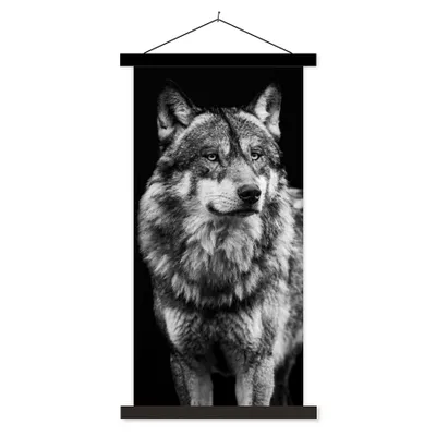 Produktbild von MuchoWow® Textilposter Wolf - Tiere - Wild - Schwarz - Weiß 60x120 cm mit schwarzem Rahmen - Magnete
