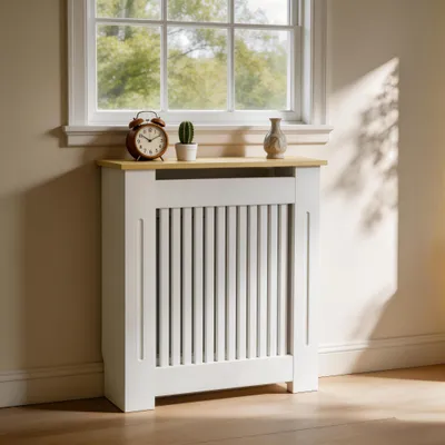 Obrázek produktu pro FATIVO Kryt radiátoru 78 x 20 x 83 cm – kryt radiátoru v bílé barvě s dřevěným dezénem, ze zesílené MDF desky, svislé lamely
