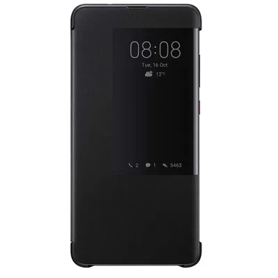 A black flip cover for a Huawei Mate 20 phone, showing the time and date on the phone's screen through the cover.