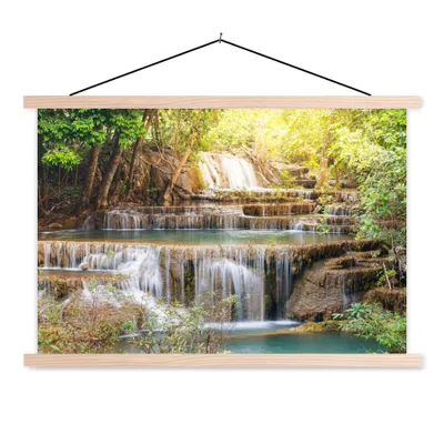 Produktbild von MuchoWow® Textilposter Sonne - Wasserfall - Landschaft 120x80 cm mit holzfarbenen Rahmen - Aufhängeset