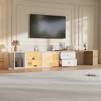 Produktbild von okwish ausziehbares TV-Lowboard mit LED und Seitenfach, TV Schrank mit Schubladen und Glastüren, Kontrastfarben-Design, Weiß