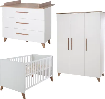 Produktbild von roba Kinderzimmer Set 3-teilig Ole - Kinderbett 70 x 140 cm umbaubar + Wickelkommode mit 3 Schubladen + Kinderkleiderschrank - Griffe & Füße aus Massi