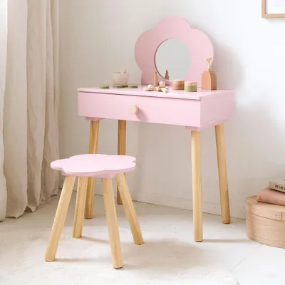 Produktbild von Petite Amélie Kinderschminktisch aus Holz mit Spiegel und Stuhl Fleur - H79,5 cm - Zartrosa