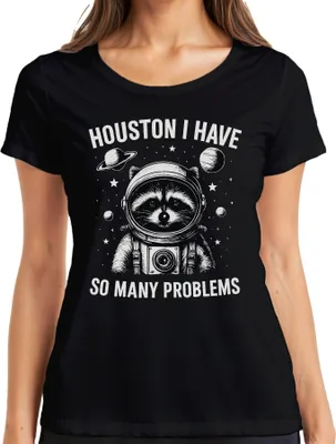 Zdjęcie produktu dla Houston I really have so many problems Raccoon Astronaut Ladies T-Shirt, Czarny, L