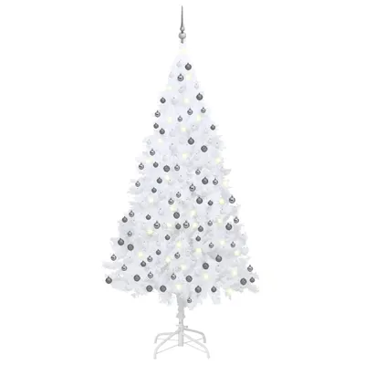 Obrázok produktu pre Osvetlený umelý vianočný stromček s guľami, biely 240 cm