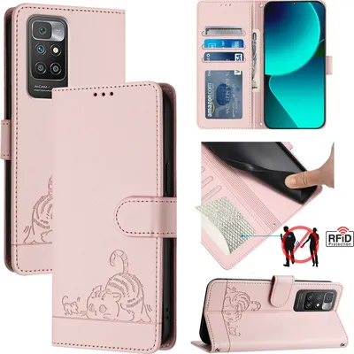 Produktbild von Leder Hülle für Xiaomi Redmi 10 Süße Katze Flip Case Brieftasche Schutzhülle mit Standfunktion Pink
