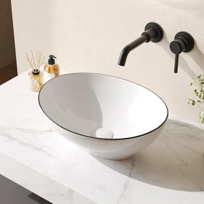 Produktbild von DeerValley DV-1V0333(41,5x33,5x14cm)Ovales Keramik-Aufsatzwaschbecken – Modernes Eier-Design für Waschtische, Porzellan-Waschbecken mit schwarzem Rand