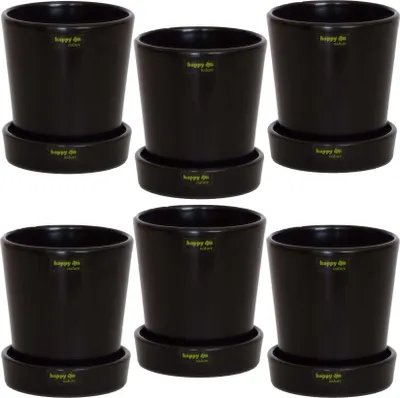 Produktbild von Set6 6 Keramik Blumentöpfe Ibiza schwarz matt mit Untersetzer