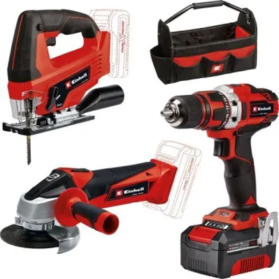 A collection of power tools, including a jigsaw, angle grinder, and drill, along with a tool bag, displayed against a white background.