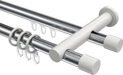Produktbild von Interdeco Rundrohr-Innenlaufstange / Gardinenstange (Kombination) Chrom / Weiß, Typ Platon Santo (Kappe), 20 mm Ø 2-läufig, 140 cm