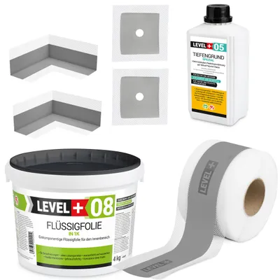 Obrázek produktu pro Hydroizolační sada Tekutá fólie 4kg Těsnicí páska 5mb Základní nátěr 1L Level+ SET54