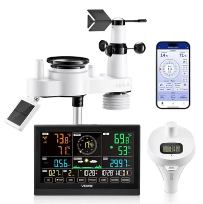 Obrázek produktu pro Meteorologická stanice VEVOR 7 v 1 WLAN s aplikací APP, 7,5palcový displej, venkovní čidlo napájené solární energií, s bazénovým teploměrem, srážkoměrem, meteorologickým centrem pro předpověď počasí, rychlost větru, teplotu bazénu