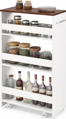 A white kitchen cart with a wooden top, filled with various jars of spices, bottles of wine, and other kitchen items.