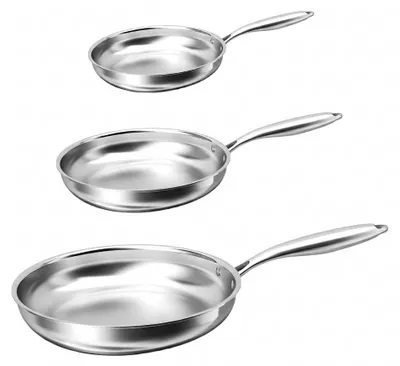 Produktbild von Bratpfannen-Set NUR EDELSTAHL 20 + 24 + 28 cm Pfanne OHNE BESCHICHTUNG Rostfrei Robust Induktion