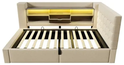 Productafbeelding van Boxspringbed - Bed met opbergruimte - 140 x 200 cm - Linnen - LED-verlichting - Hydraulische opbergruimte - L-vormig hoofdeinde - Zonder matras - Beige