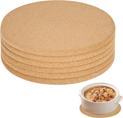 Zdjęcie produktu dla Okrągłe podkładki pod kubki i szklanki, wykonane z korka, odporne na ciepło, średnica 19 cm, zestaw 6 sztuk, do użytku w kuchni