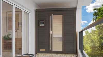 Produktbild von Karibu Saunahaus Außensauna Gartensauna Hytti 0 terragrau lackiert Ofen 9 kW externe Strg easy 38mm Massivholz 200x117x217 cm