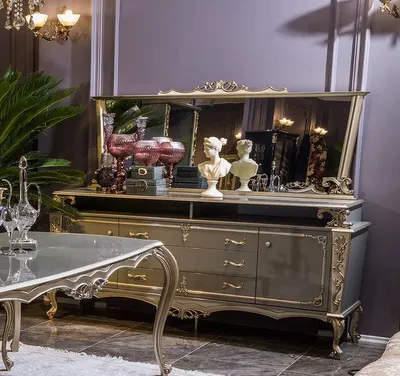 Produktbild von Casa Padrino Luxus Barock Möbel Set Sideboard mit Spiegel Grau / Silber - Prunkvoller Massivholz Schrank mit elegantem Wandspiegel - Möbel im Barockstil