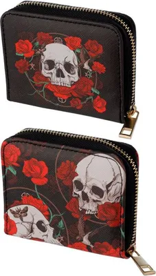 Produktbild von Runde Brieftasche mit Reißverschluss und Totenköpfen und Rosen – klein