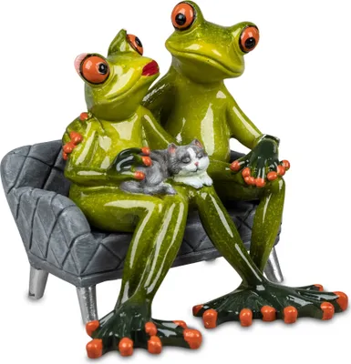 Produktbild von Dekofigur Froschpaar auf Sofa mit Katze H. 15cm grün Formano Froschhausen