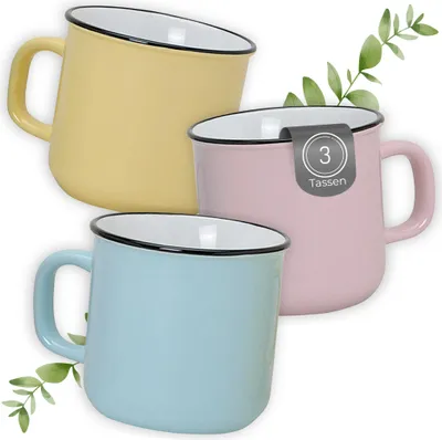 Produktbild von Kaffeetassen Emaille-Optik Pastell, Teetassen 3er Set, 350 ml