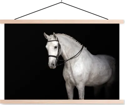 Produktbild von MuchoWow® Textilposter Pferd - Weiß - Schwarz 60x40 cm mit holzfarbenen Rahmen - Bilder