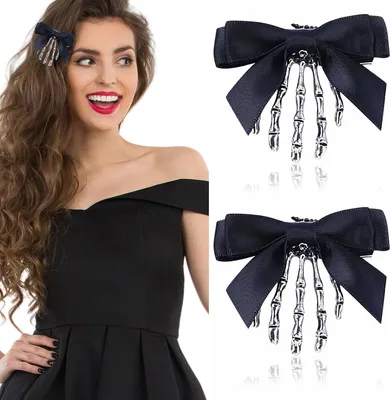 Produktbild von 2 Stück Skelett-Hand-Haarspangen mit Schleife, Schädel-Haarspangen für Mädchen, Gothic-Haarschmuck mit Spinnenmotiv, Emo- und Y2K-Accessoires, Spinnennetz-Haarspangen