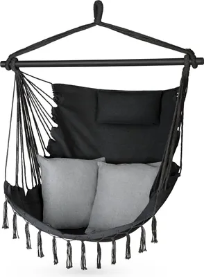 Produktbild von Outtec® Hängesessel mit 2 Kissen - 100x130x75cm, bis 140 kg - Boho Fransen Sessel, Sitzsack, Schaukel für Outdoor, Garten, Balkon, Zuhause - Schwarz