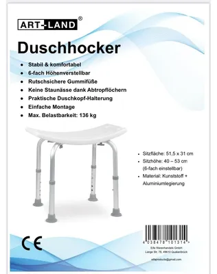 Produktbild von Duschhocker Duschstuhl Duschsitz - Höhenverstellbar 40 bis 53 cm - Weiß - Rutschfest
