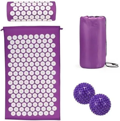 Produktbild von Akupressurmatte Akupunktur matte mit Kissen gegen Nacken und Rückenschmerzen, Akkupressmatte für die Magnetfeldtherapie, Inklusive Tragetasche und zwei Massagekugeln für Frauen und Männer - Lila