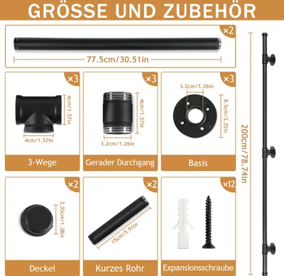 Obrázek produktu pro Jayseuw zábradlí zábradlí Pozinkované zábradlí schodiště ocelové trubky práškové lakování uvnitř a vně černá 200cm
